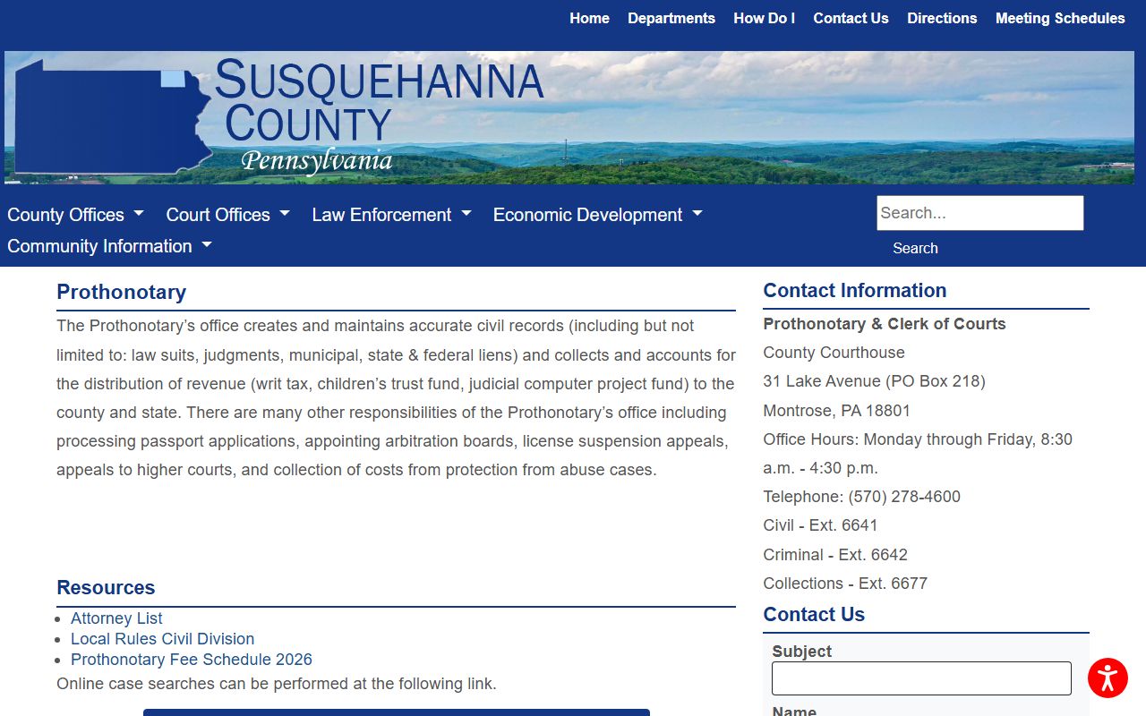 Susquehanna County Prothonotary office civil court records Montrose PA