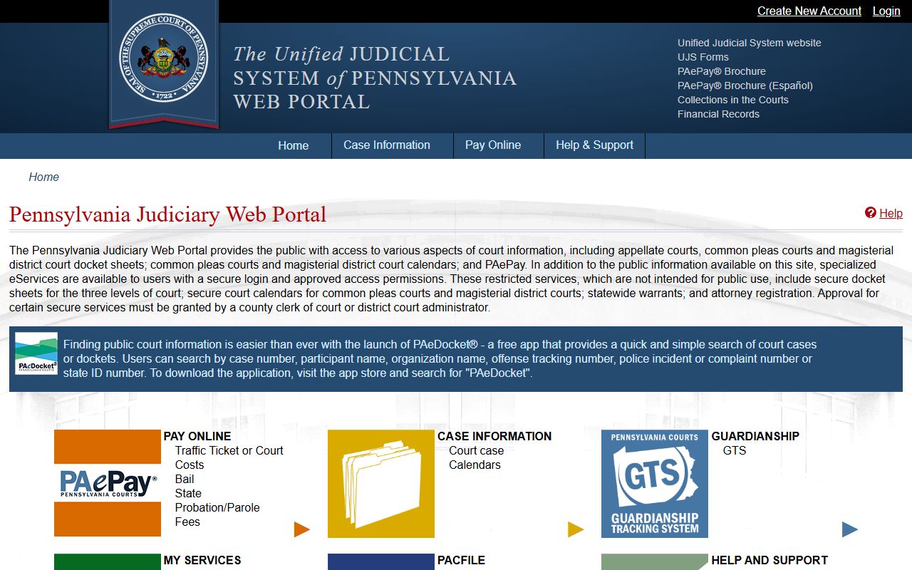 Pennsylvania Unified Judicial System portal for state court records and case search