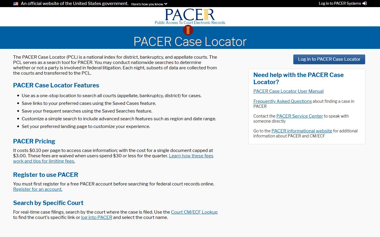 PACER Case Locator for nationwide Pennsylvania bankruptcy case searches